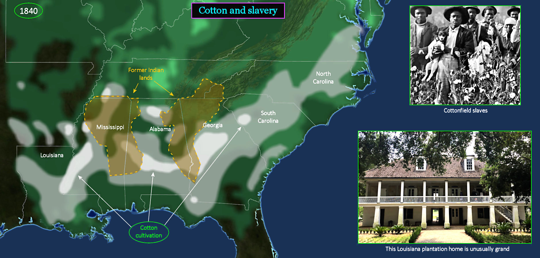 Cotton plantations and slavery, 1840 map
